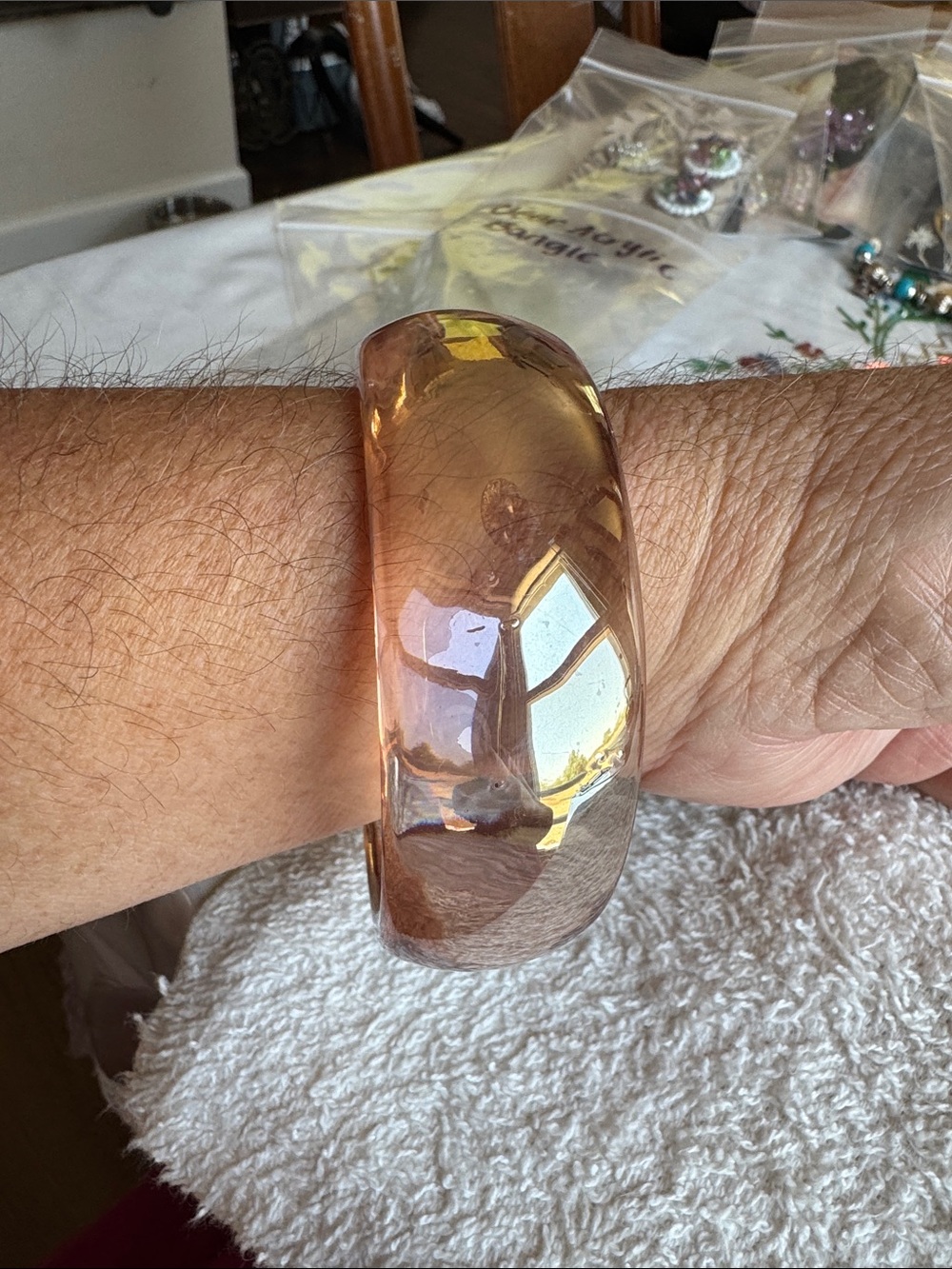 Vintage MCM Chunky Translucent Lucite Dome Bangle Bracelet - Amber Peach/pink